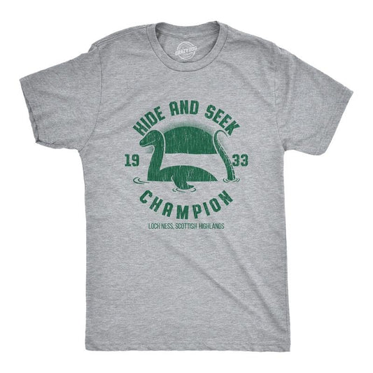 Mens Hide And Seek Champion Loch Ness Monster T Shirt Funny Sea Creature Graphic Tee Mens Funny T Shirts Cool Tees Soft Stylish Casual Menswear Funny Sarcastic Short Sleeve Novelty Tees for Guys Light Grey