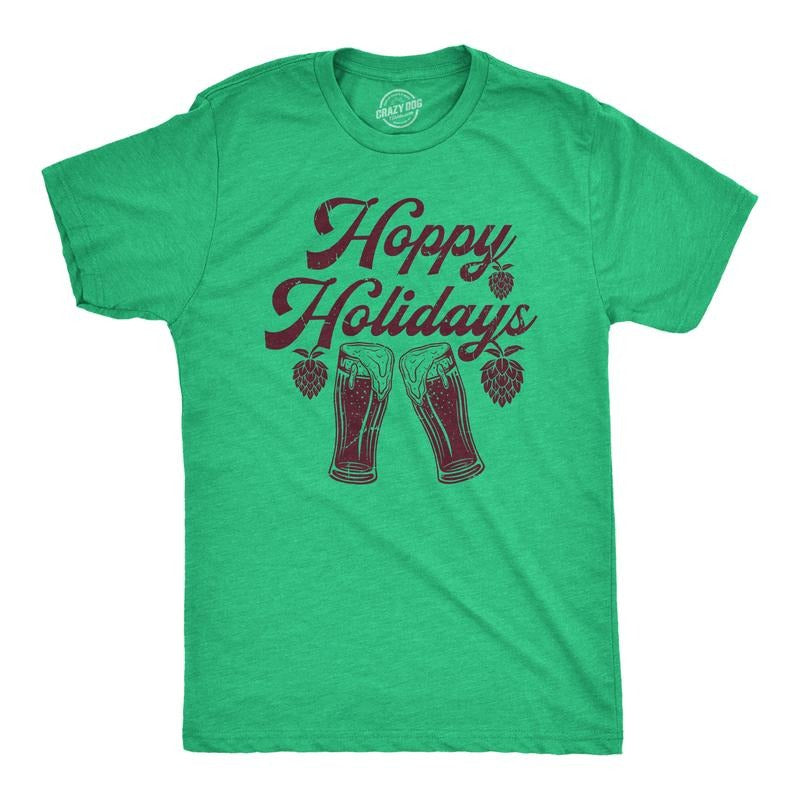 Mens Hoppy Holidays T Shirt Funny Xmas Beer Drinking Pint Glass Hops Tee For Guys Mens Funny T Shirts Cool Tees Soft Stylish Casual Menswear Christmas Apparel for Men Funny Beer Short Sleeve Novelty Green -