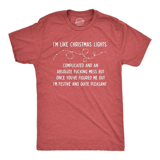 Mens Im Like Christmas Lights T shirt Funny Hilarious Saying Gift for Him Mens Funny T Shirts Cool Tees Soft Stylish Casual Menswear Funny Christmas Short Sleeve Novelty Tees for Guys Red