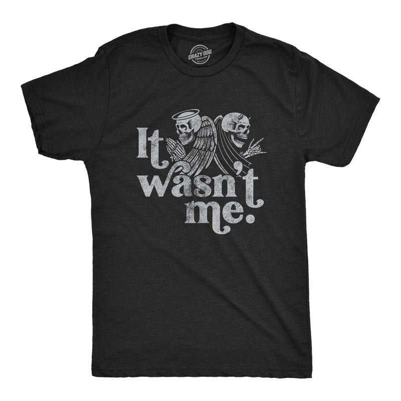Mens It Wasn't Me T Shirt Funny Angel Devil Skeleton Halloween Graphic Tee Mens Funny T Shirts Cool Tees Soft Stylish Casual Menswear Halloween Apparel for Men Novelty Tees for Guys Black
