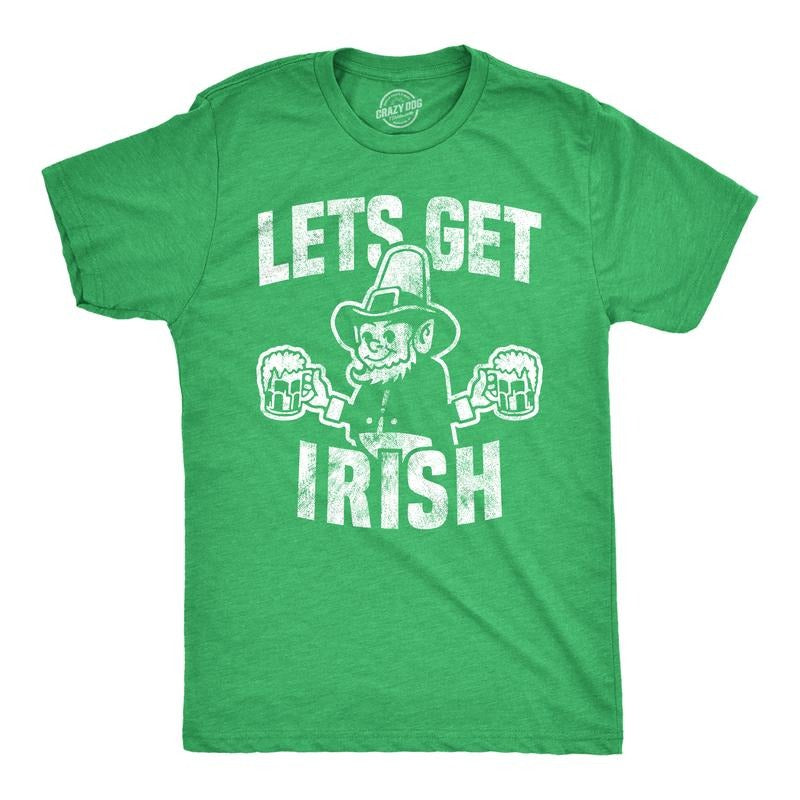 Mens Let's Get Irish T shirt Funny St Patricks Day Leprechaun Green Novelty Tee Mens Funny T Shirts Cool Tees Soft Stylish Casual Menswear Saint Patrick's Day Apparel for Men Funny Drinking Short Green -