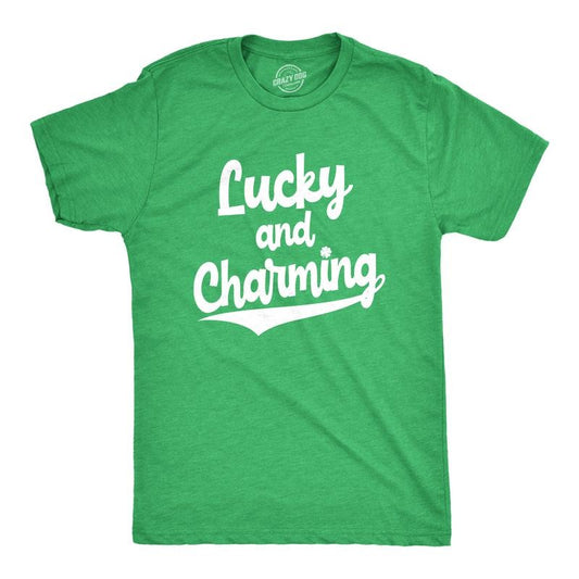 Mens Lucky and Charming T Shirt Novelty Saint Patricks Day Irish Clover Tee Mens Funny T Shirts Cool Tees Soft Stylish...