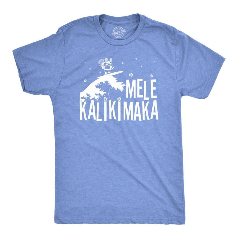 Mens Mele Kalikimaka T Shirt Funny Surfing Hawaiian Christmas Santa Tee Mens Funny T Shirts Cool Tees Soft Stylish Casual Menswear Christmas Apparel for Men Novelty Tees for Guys Light Blue