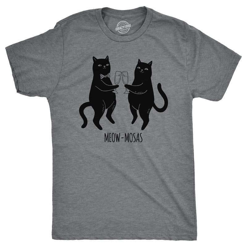 Mens Meow Mosas T Shirt Funny Drinking Party Cat Brunch Lovers Tee For Guys Mens Funny T Shirts Cool Tees Soft Stylish Casual Menswear Drinking T Shirt for Men Funny Cat T Shirt Novelty Tees for Men Dark Grey