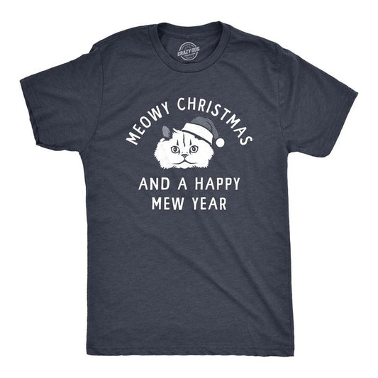 Mens Meowy Christmas And A Happy Mew Year T Shirt Funny Xmas Kitten Lovers Tee For Guys Mens Funny T Shirts Cool Tees Soft Stylish Casual Menswear Christmas Apparel for Men Funny Cat Short Sleeve Navy -