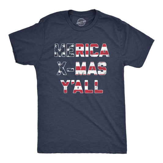 Mens Merica X-Mas Y'All T Shirt Funny Merry Christmas USA America Patriotic Holiday Tee Mens Funny T Shirts Cool Tees Soft Stylish Casual Menswear Christmas Apparel for Men Novelty Tees for Guys Navy