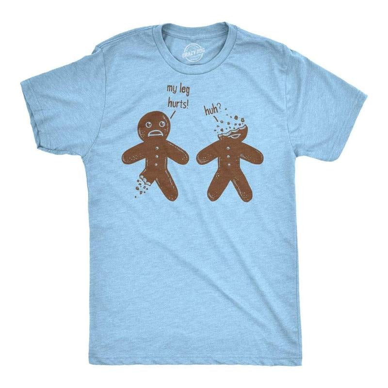 Mens My Leg Hurts Huh T Shirt Funny Gingerbread Christmas Cookie Holiday Tee Mens Funny T Shirts Cool Tees Soft Stylish Casual Menswear Christmas Apparel for Men Novelty Tees for Guys Light Blue