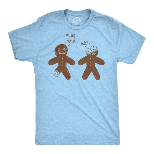 Mens My Leg Hurts Huh T Shirt Funny Gingerbread Christmas Cookie Holiday Tee Mens Funny T Shirts Cool Tees Soft Stylish Casual Menswear Christmas Apparel for Men Novelty Tees for Guys Light Blue