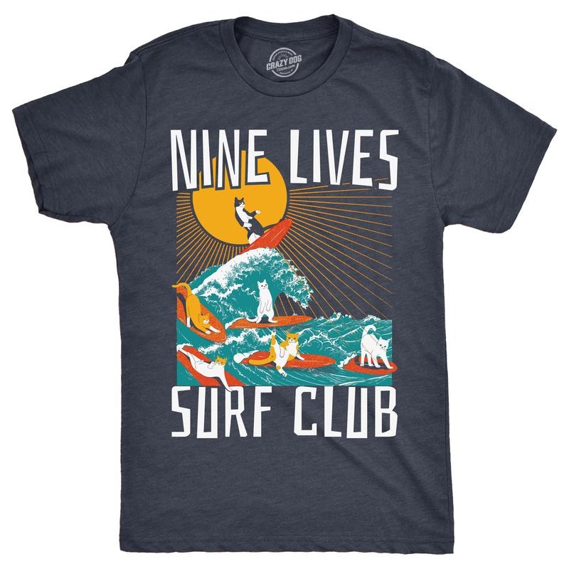 Mens Nine Lives Surf Club Funny T Shirt Cat Graphic Tee For Men Mens Funny T Shirts Cool Tees Soft Stylish Casual...