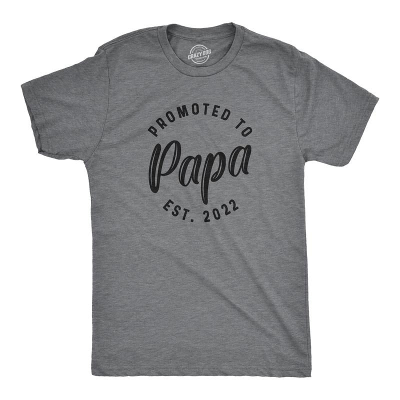 Mens Promoted To Papa 2023 or 2022 Tshirt Funny New Baby Family Graphic Tee Mens Funny T Shirts Cool Tees Soft Stylish Casual Menswear Dad Joke Apparel for Men Funny Grandpa Short Sleeve Novelty Tees Dark Grey