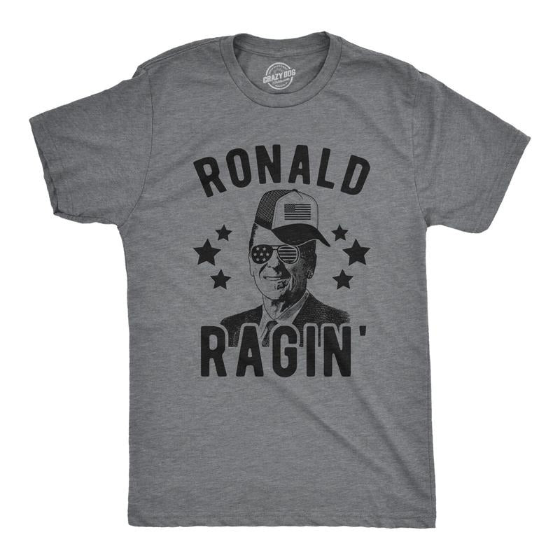 Mens Ronald Ragin' T Shirt Funny President 4th Of July Party Novelty Tee Mens Funny T Shirts Cool Tees Soft Stylish Casual Menswear Patriotic Apparel for Men Funny Drinking Short Sleeve Novelty Tees Dark Grey
