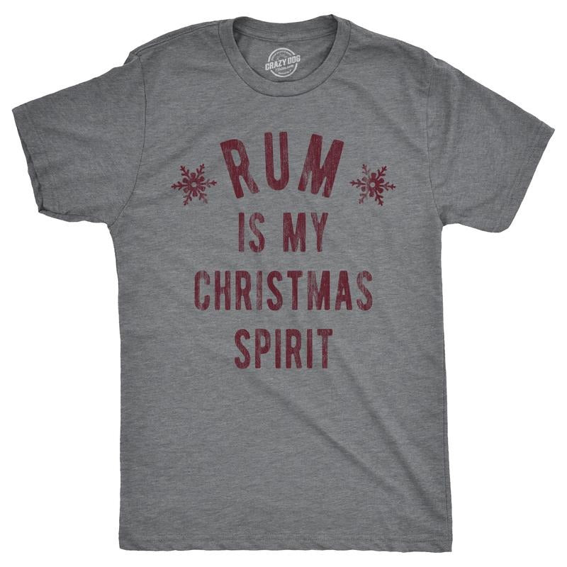 Mens Rum Is My Christmas Spirit T Shirt Funny Xmas Holiday Booze Drinking Lovers Tee For Guys Mens Funny T Shirts Cool Tees Soft Stylish Casual Menswear Christmas Apparel for Men Funny Liquor Short Dark Grey