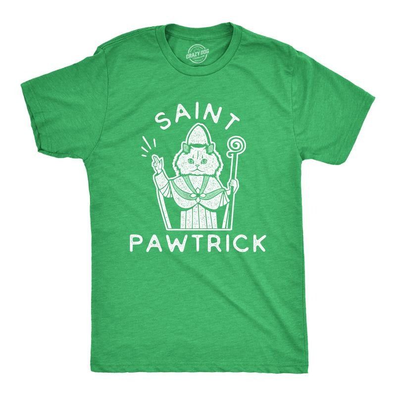Mens Saint Pawtrick T Shirt Funny St. Paddy's Day Parade Cat Graphic Novelty Tee For Guys Mens Funny T Shirts Cool Tees Soft Stylish Casual Menswear Saint Patrick's Day Apparel for Men Funny Cat Short Green
