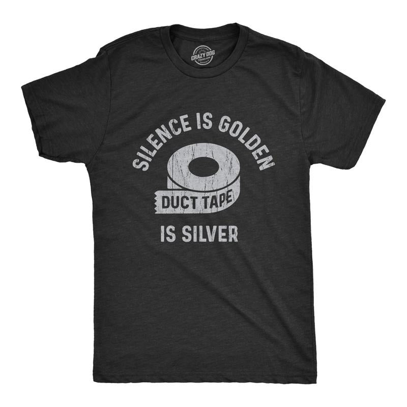 Mens Silence Is Golden Duct Tape Is Silver T Shirt Funny Be Quiet Graphic Novelty Tee Mens Funny T Shirts Cool Tees Soft Stylish Casual Menswear Funny Introvert Short Sleeve Novelty Tees for Guys Black