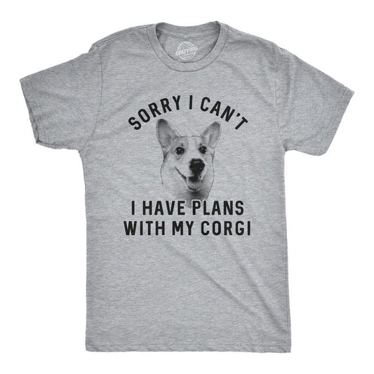 Mens Sorry I Can't I Have Plans With My Corgi T Shirt Funny Pet Puppy Animal Lover Novelty Tee Mens Funny T Shirts Cool Tees Soft Stylish Casual Menswear Funny Dog Short Sleeve Novelty Tees for Guys Light Grey