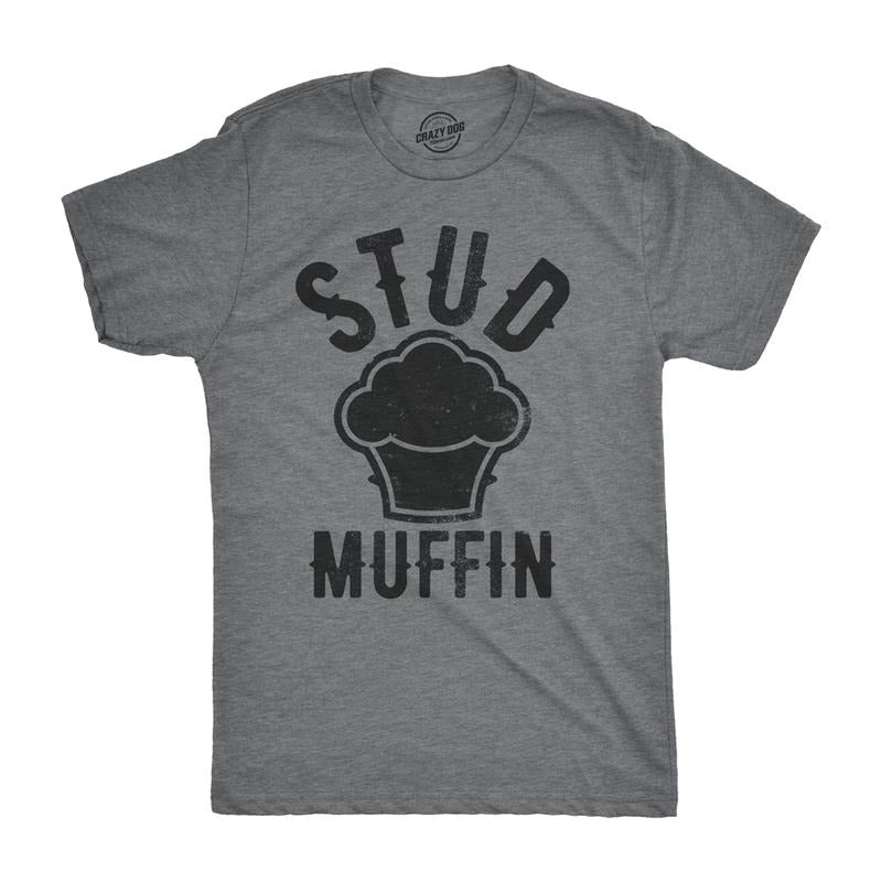 Mens Stud Muffin T Shirt Funny Graphic Tee for Guys Novelty Dad Joke Top Mens Funny T Shirts Cool Tees Soft Stylish Casual Menswear Funny Sarcastic Short Sleeve Novelty Tees for Guys Dark Grey