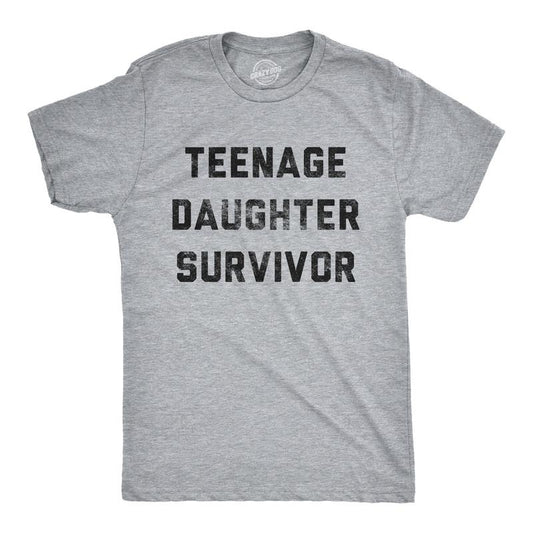 Mens Teenage Daughter Survivor T shirt Funny Fathers Day Tee for Dad Mens Funny T Shirts Cool Tees Soft Stylish Casual Menswear Dad Joke Apparel for Men Funny Sarcastic Short Sleeve Novelty Tees for Light Grey