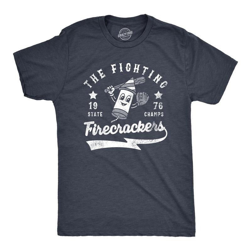 Mens The Fighting Firecrackers T Shirt Funny Fourth Of July Party Baseball Team Tee For Guys Mens Funny T Shirts Cool Tees Soft Stylish Casual Menswear Patriotic Apparel for Men Funny Baseball Short Navy -