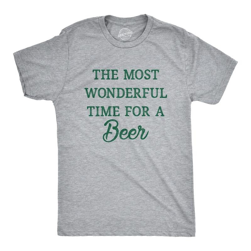 Mens The Most Wonderful Time For A Beer T Shirt Funny Xmas Drinking Ale Lovers Tee For Guys Mens Funny T Shirts Cool Tees Soft Stylish Casual Menswear Christmas Apparel for Men Funny Beer Short Sleeve Light Grey