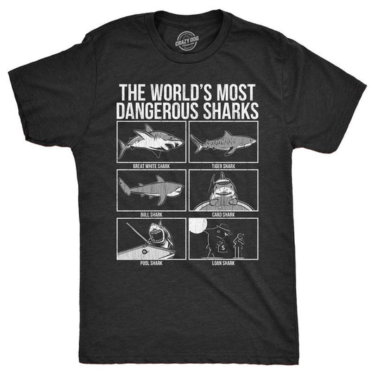 Mens The Worlds Most Dangerous Sharks T Shirt Funny Card Pool Loan Shark Joke Tee for Guys Mens Funny T Shirts Cool Tees Soft Stylish Casual Menswear Sarcastic Apparel for Men Funny Animal Short Black -
