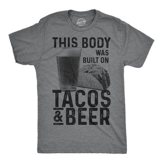 Mens This Body Was Built On Tacos And Beer Hilarious T Shirt for Guys Funny Top Mens Funny T Shirts Cool Tees Soft Stylish Casual Menswear Cinco De Mayo Apparel for Men Funny Beer Short Sleeve Novelty Dark Grey