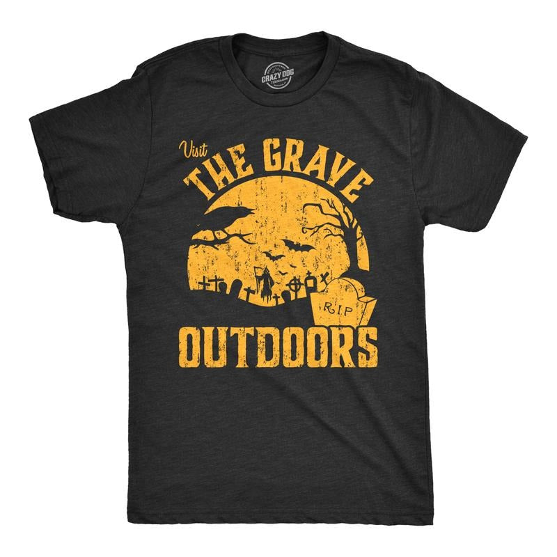 Mens Visit The Grave Outdoors T Shirt Funny Halloween Cemetary Tee For Guys Mens Funny T Shirts Cool Tees Soft Stylish Casual Menswear Halloween Apparel for Men Funny Camping Short Sleeve Novelty Tees Black