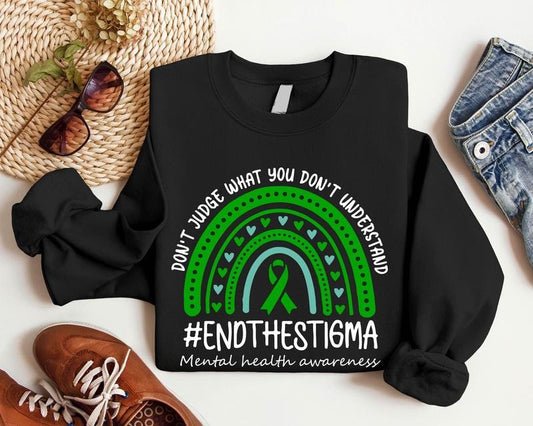 Mental Health Awareness Hoodie, Green Rainbow Ribbon Team Sweatshirt, Mental Health Support Hoodie, Cancer Warrior Gift...