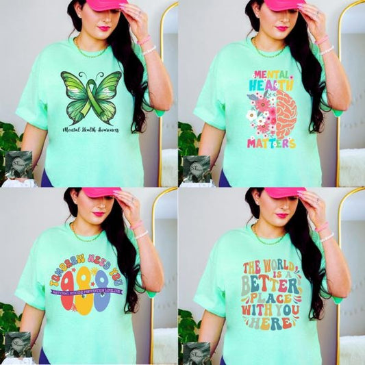 Mental Health Awareness Mint Green T-Shirt Top Womenswear Statement Tee Casual Shortsleeve Hoodie, Sweatshirt