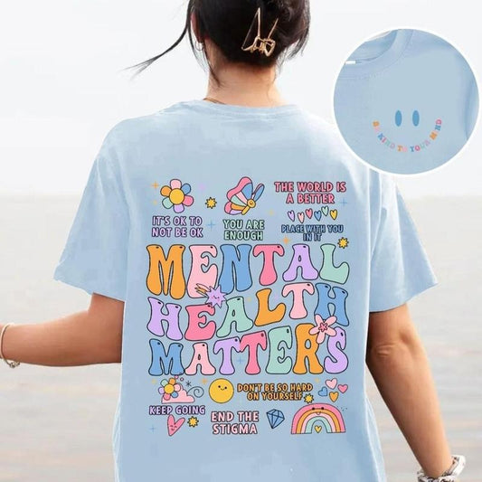 Mental Health Matters Slogan T-Shirt, Streetwear Cartoon Smile Face & Letter Print Drop Shoulder T-shirt, Back To School Clothes, Lady Clothes for All Seasons, Gift For All