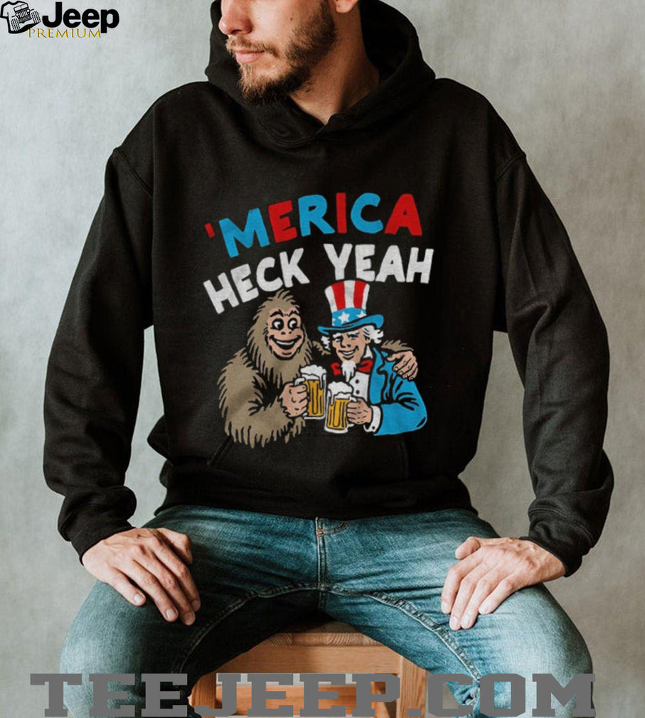 Merica Heck Yeah Uncle Sam and Bigfoot Drinking Beer Patriotic T Shirt