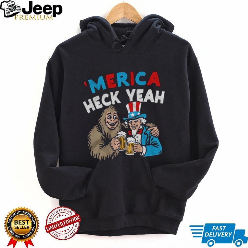 Merica Heck Yeah Uncle Sam and Bigfoot Drinking Beer Patriotic T Shirt