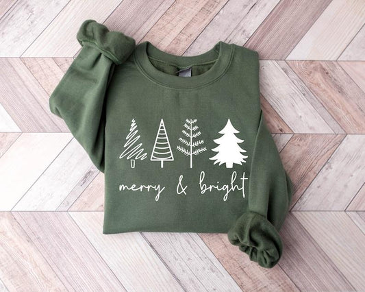 Merry & Bright Christmas Trees Sweatshirt, Christmas Sweatshirt, Holiday Sweater, Womens Holiday Sweatshirt, Christmas Shirt, Winter Shirt, Hoodie and Sweater; T-shirt Cotton Womenswear