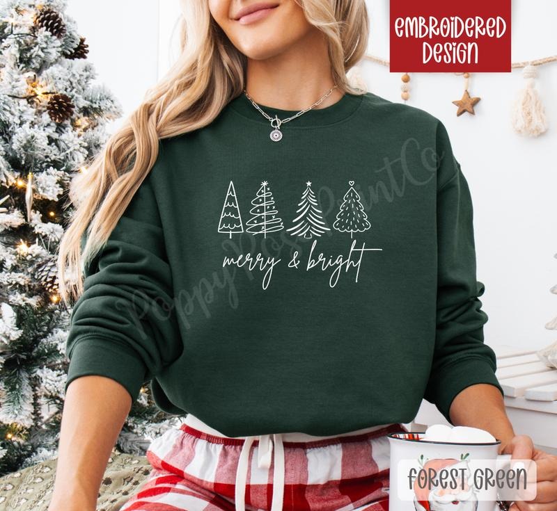 Merry & Bright Embroidered Christmas Sweatshirt, Holiday Crewneck, Xmas Sweater T-Shirts, Hoodie | WearSparks.com