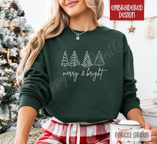 Merry & Bright Embroidered Christmas Sweatshirt, Holiday Crewneck, Xmas Sweater T-Shirts, Hoodie | WearSparks.com
