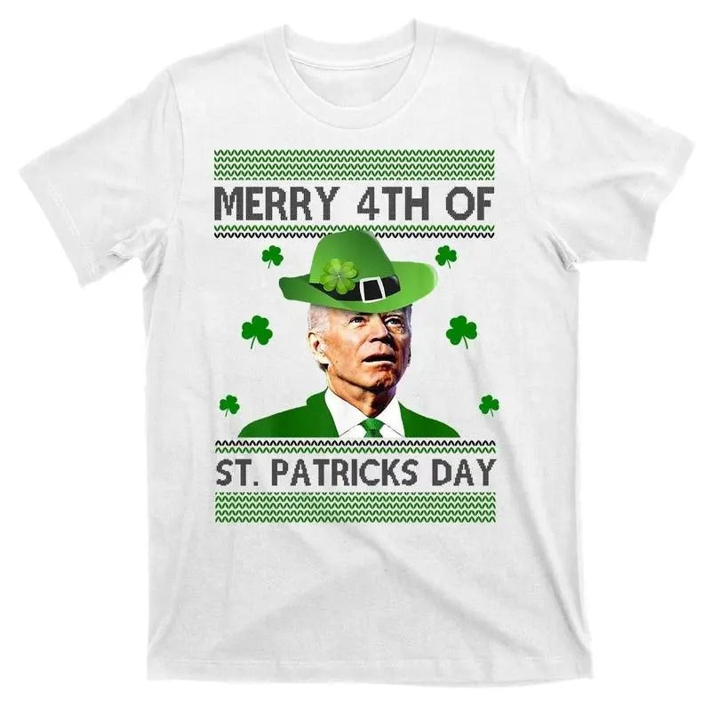 Merry 4th Of St Patrick's Day Funny Joe Biden 4th Of July Shirt - Gift for Women for Men, Unisex Casual Cotton Menswear Shortsleeve Tee Classic Top