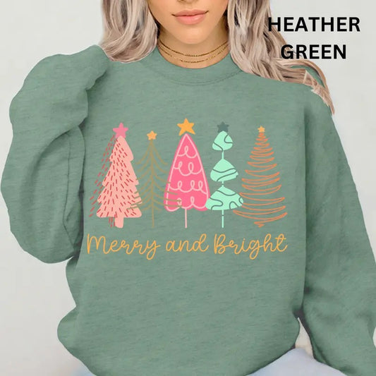 Merry And Bright Tree Crewneck, Merry Christmas Sweatshirt, Holiday Christmas Sweatshirt, Winter Season Graphic, Casual Cotton Crewneck, Polyester, Oversized