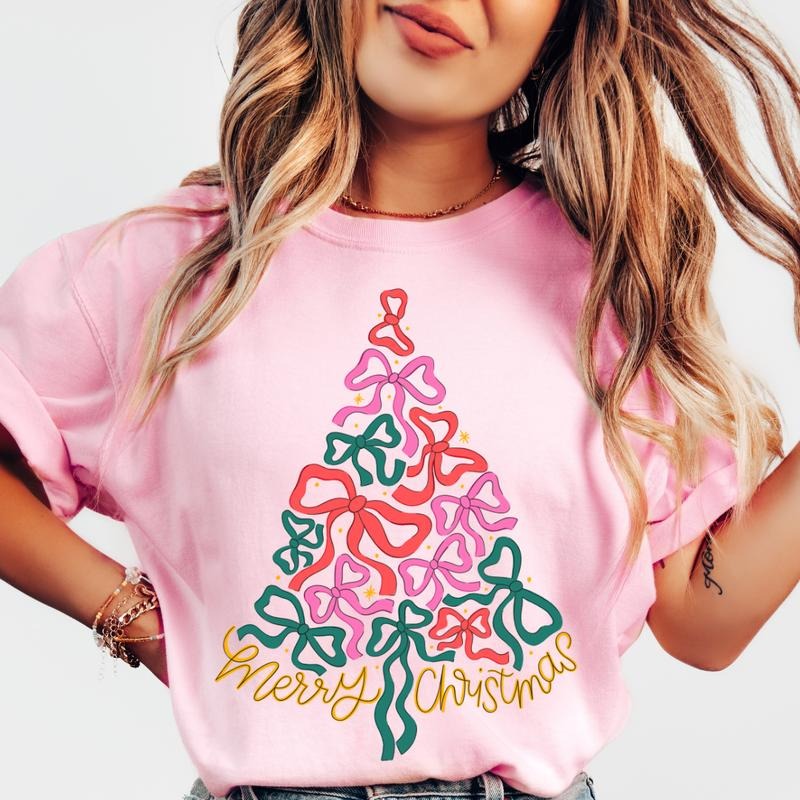 Merry Bow Christmas Tree Shirt~ Unisex Apparel Relaxed Fit Printed In The USA Clothing Womenswear Casual Comfort Cotton Top Athletic Boho Chic