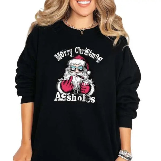 Merry Christmas A$$holes Tee, Hoodie & Sweatshirt | Santa Claus Flipping Off Graphic | Edgy Holiday Humor | Unisex Fit | Funny Festive Grunge Style Casual Comfort
