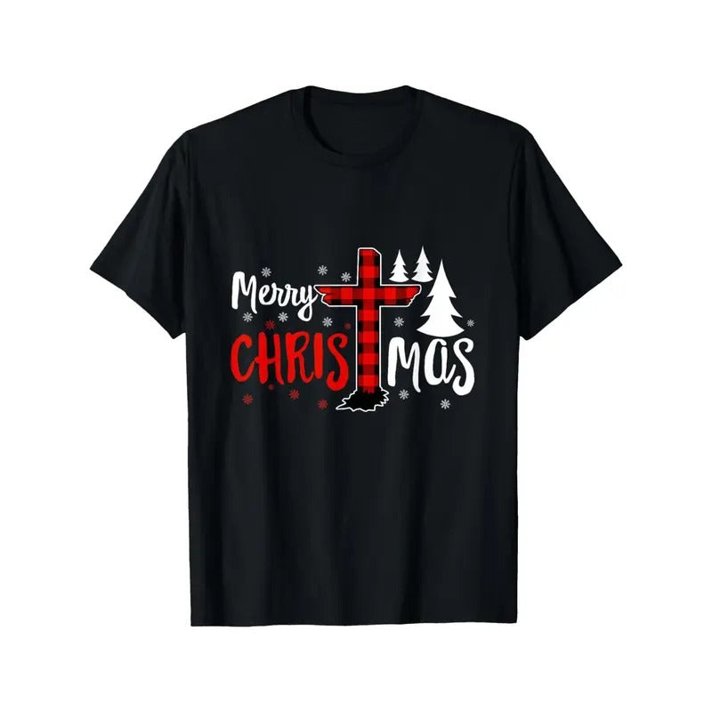 Merry Christmas Christians Buffalo Plaid T-Shirt Casual Cotton T-Shirt Effortless Style Gift for Men Dad Friends Made in...