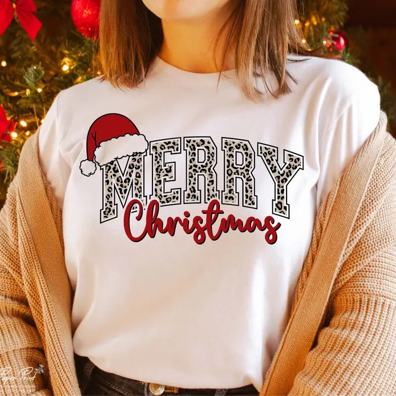 Merry Christmas Leopard T-Shirt, Varsity Merry Christmas with Santa Hat Sweatshirt, Christmas Season Holiday Clothing, Unisex