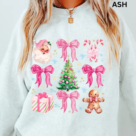 Merry Christmas Pink Doodles Christmas Winter Graphic Long Sleeve Casual Cotton Polyester Oversized sweatshirt - Comfort Crewneck Womenswear christmas sweatshirt