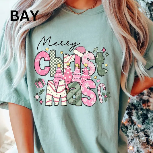 Merry Christmas Pink Shirt,  Comfort Colors Christmas Shirt, Pink Christmas Shirt, Retro christmas Shirt, Cotton Fabric Womenswear Top Printed Oversized Women