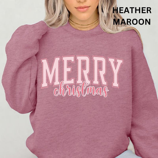 Merry Christmas Pink Varsity Crewneck, Merry Christmas Sweatshirt, Holiday Christmas Sweatshirt, Winter Season Graphic, Casual Cotton Crewneck, Polyester, Oversized