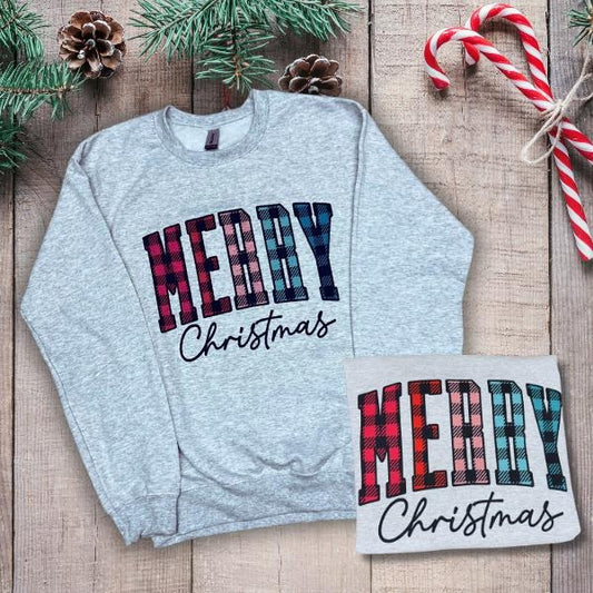 Merry Christmas Plaid T-shirt- Longsleeve-Crewneck