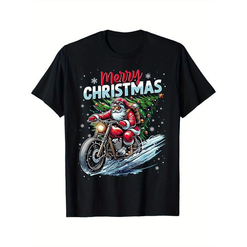 Merry Christmas Santa Riding motorcycle Rider Christmas Christmas T-shirt Black casual short sleeved men's sports T-shirt made in usastyle{n002}2
