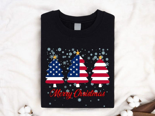 Merry Christmas Shirt, American Flag Christmas T-shirt, Christmas USA Flag Tree Gift Tee, American Christmas Tee For Family, Matching America Lover Tee For Holiday.
