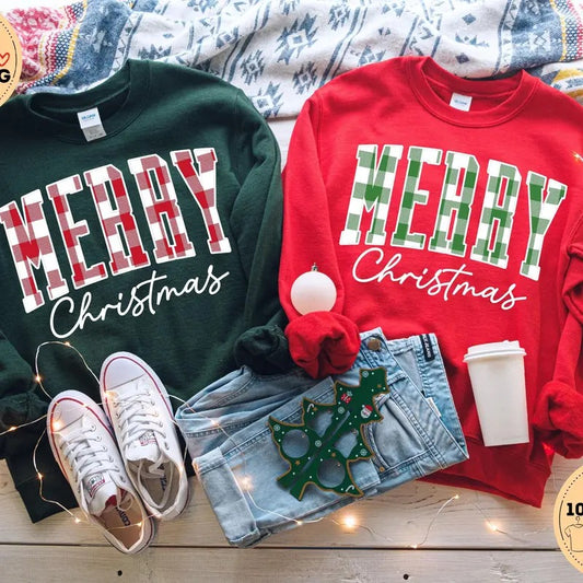 Merry Christmas Sweatshirt Hoodie T-shirt, Buffalo Plaid Sweater, Christmas Family crewneck, Xmas Gift Idea, Woman Xmas Shirt, Cute Winter Holiday Sweater