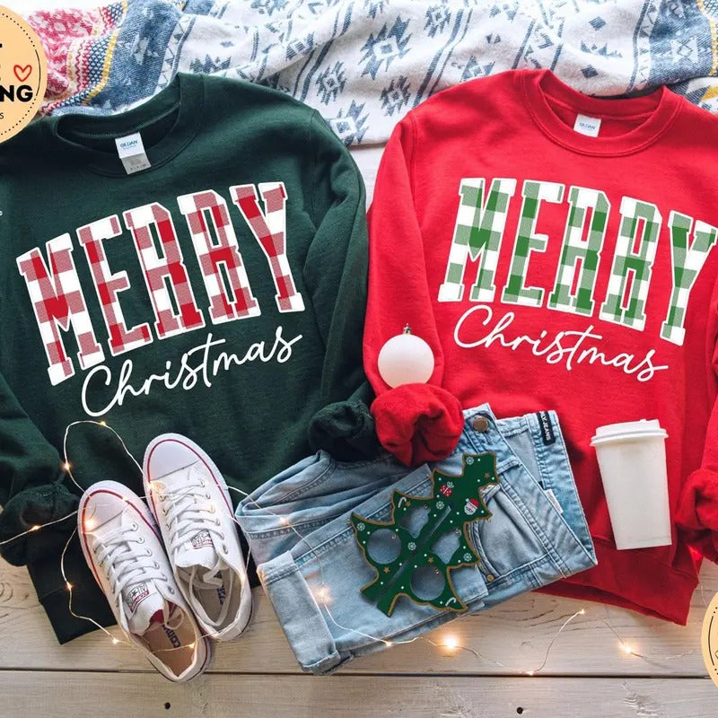 Merry Christmas Sweatshirt, Buffalo Plaid Sweater, Christmas Family crewneck, Xmas Gift Idea, Woman Xmas Shirt, Cute Winter Holiday Sweater