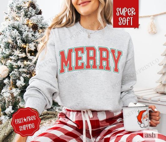 Merry Christmas Sweatshirt, Christmas Sweater, Women's Holiday Crewneck