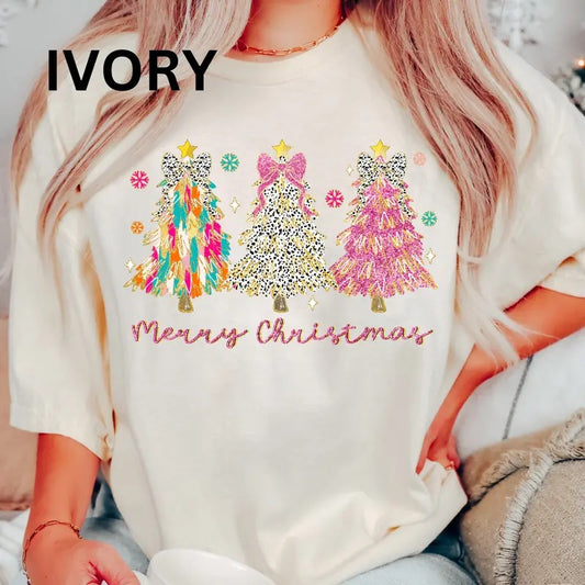 Merry Christmas Three Trees Comfort Colors Women's Oversized Printed Christmas Shirt - Cotton, Comfortable Casual Fabric